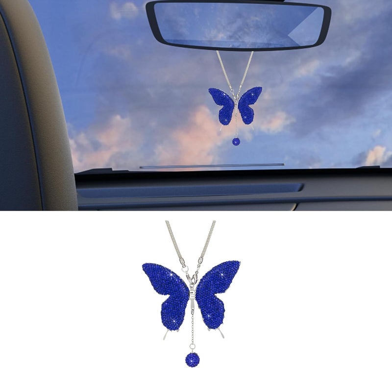 Couslcd Bling Butterfly Diamond Car Accessories, Crystal Car Rear View Mirror Charms for Women, Auto Decoration Lucky Hanging Interior Crystal Ornament Pendant Decor for All Cars (Dark Blue) - Image 1